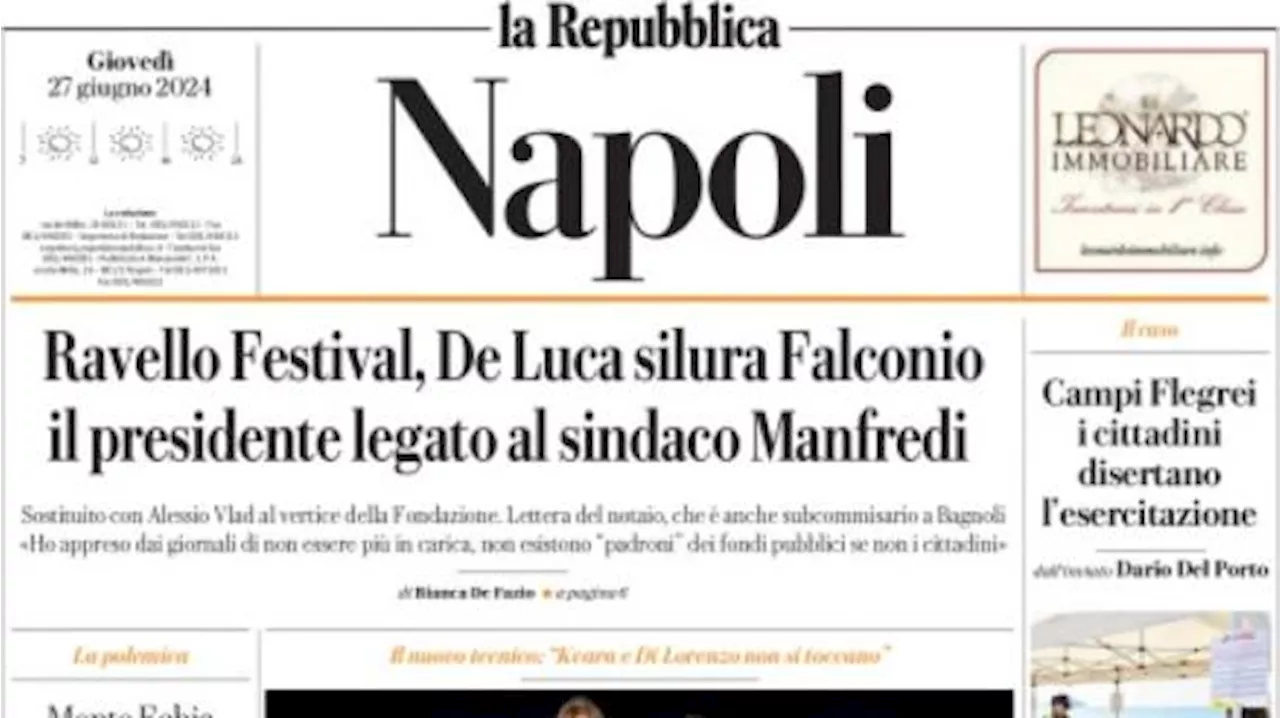 La Repubblica (Napoli) in apertura: 'Tutti pazzi per Conte, standing ovation a Palazzo Reale'