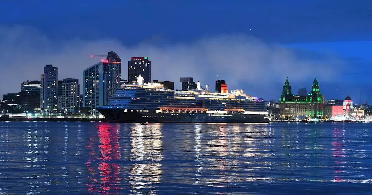 Cunard Queen Anne sends message to crowd at Liverpool's Pier Head