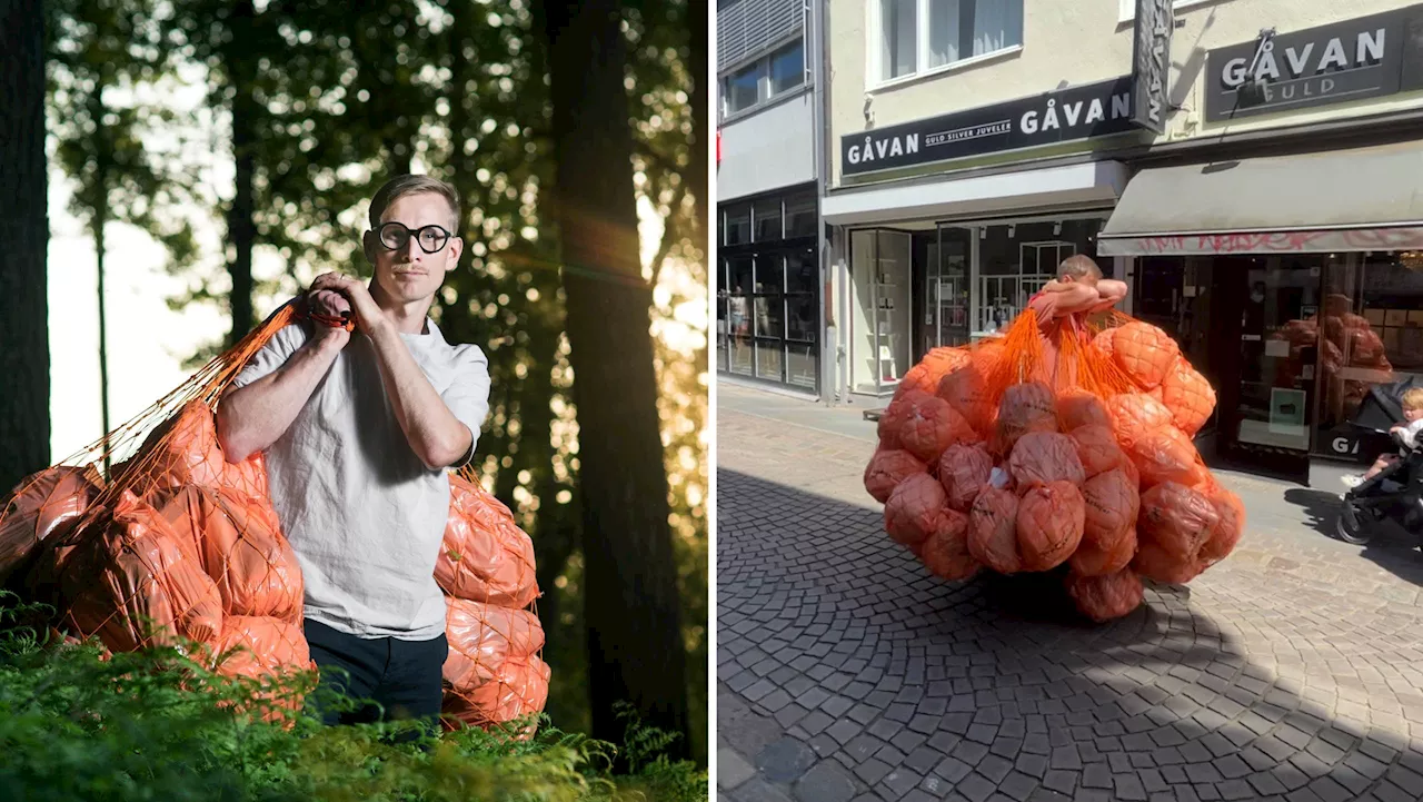 Mattias bar 118 påsar med plast genom Jönköping