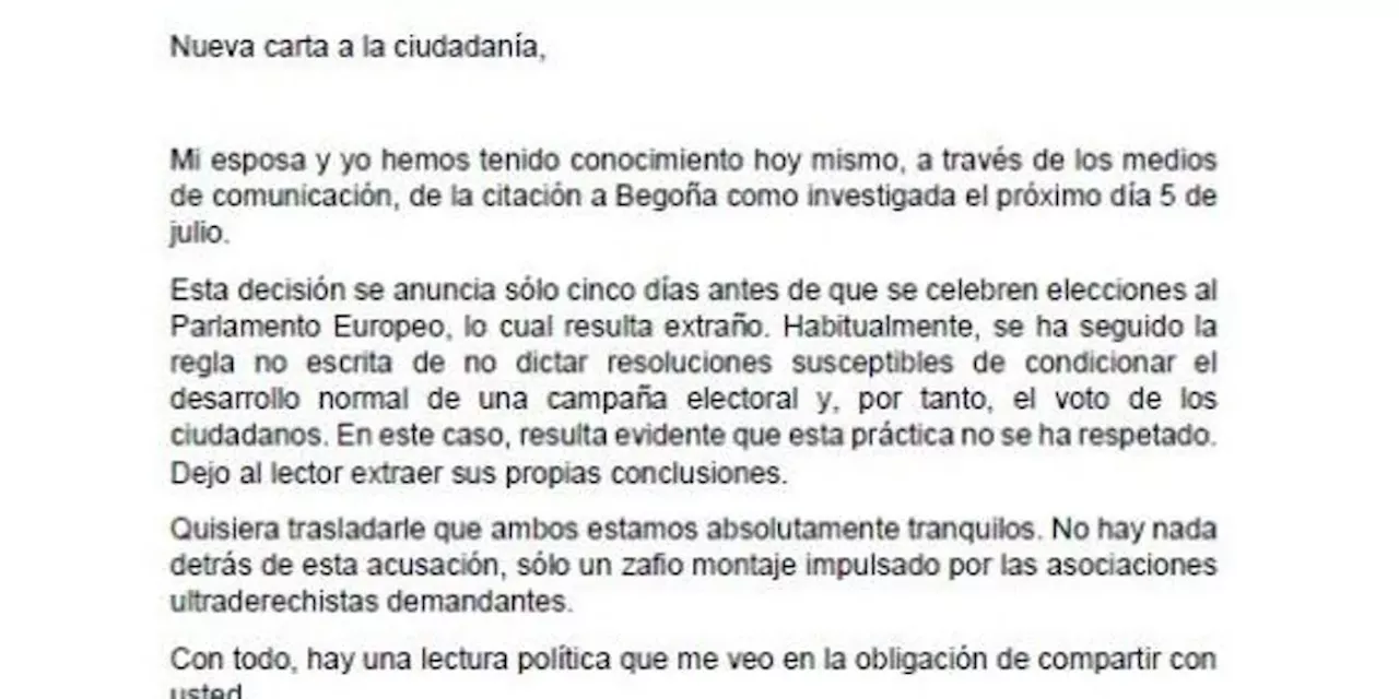 Consulta la carta íntegra de Pedro Sánchez tras la citación de Begoña Gómez