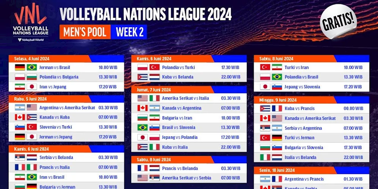 Jadwal Siaran Langsung Pekan Kedua Putaran Pertama Mens VNL 2024 di Vidio, 4-10 Juni 2024