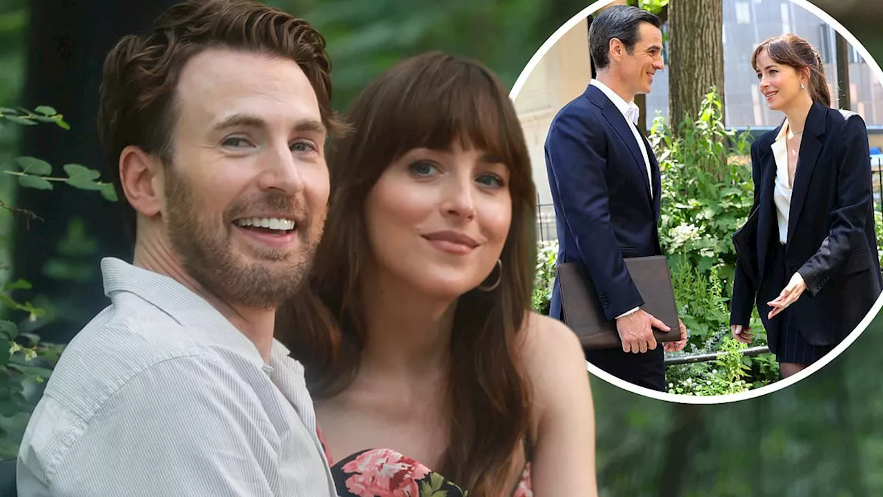 Dakota Johnson dons two stylish outfits as she films The Materialists with hunky co-stars Chris...