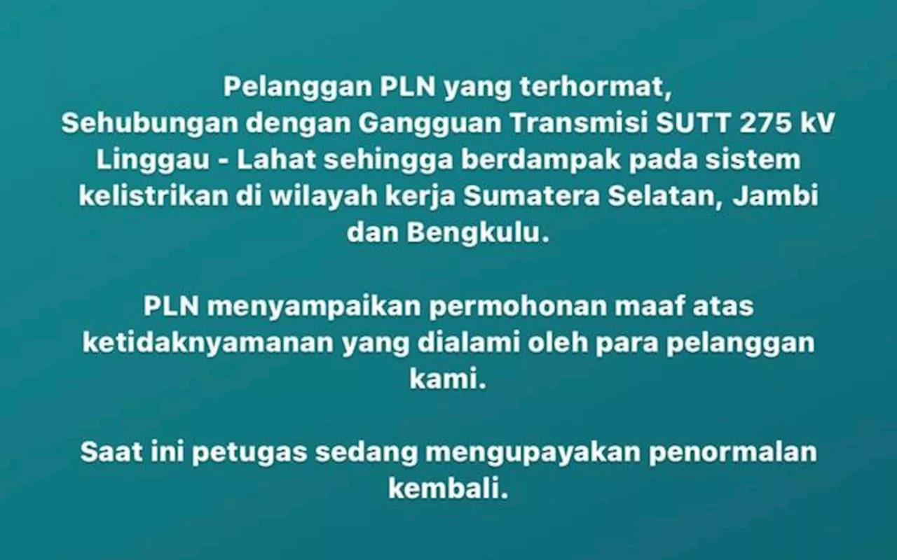 Terungkap, Ini Penyebab Listrik di Sumsel Mati Total