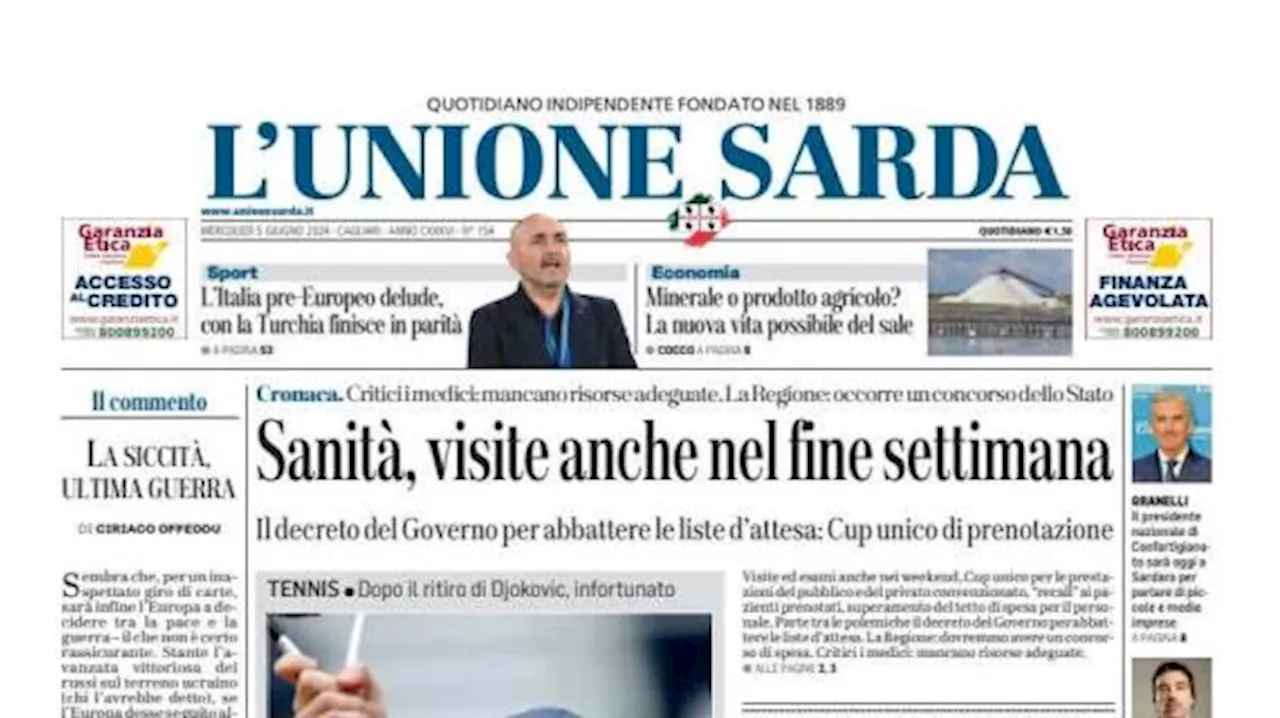 L'Unione Sarda in prima pagina: 'L'Italia pre-Europeo delude con la Turchia'