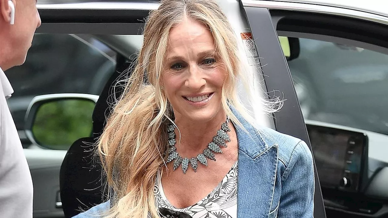 Sarah Jessica Parker rocks denim blazer and butterfly-print jumpsuit as she joins co-stars Kristin...