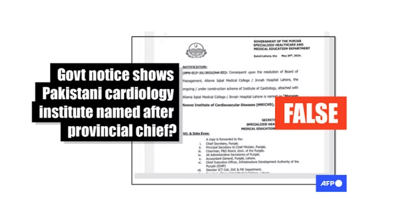 Pakistani provincial government has not 'renamed cardiology institute after Punjab's chief minister'