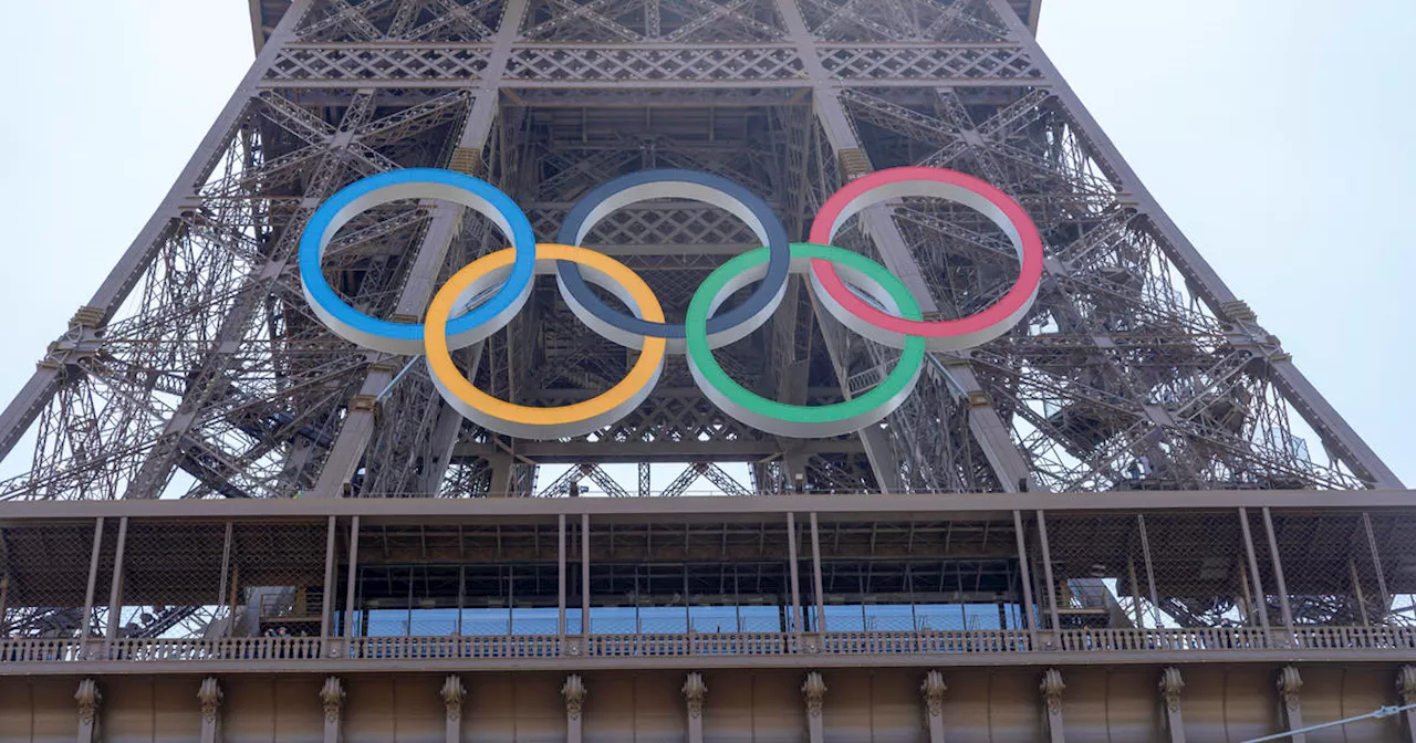 Olympic rings mounted on the Eiffel Tower ahead of Summer Games