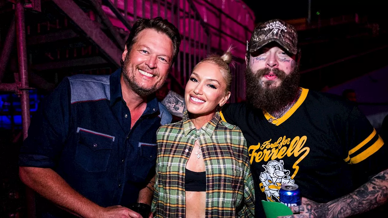 Gwen Stefani, 54, shows off taut tummy as she poses with hubby Blake Shelton, Post Malone, and...