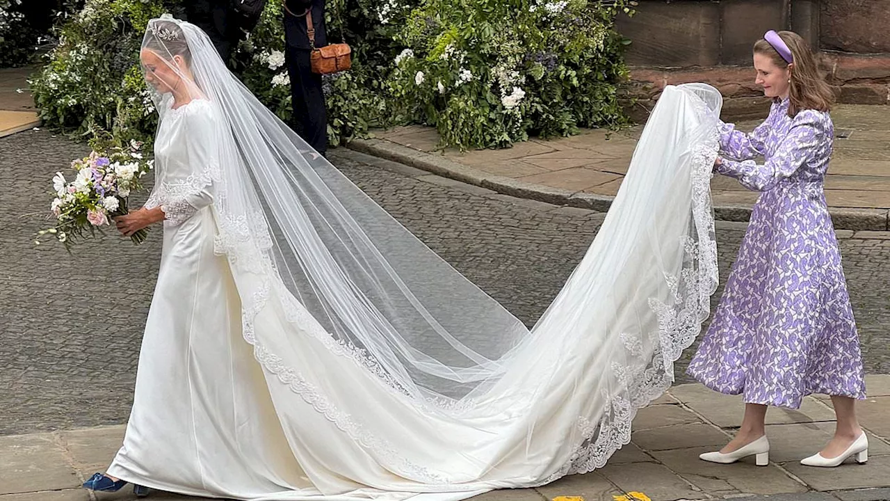 Olivia Henson arrives to wed the billionaire Duke of Westminster at Chester Cathedral for the...