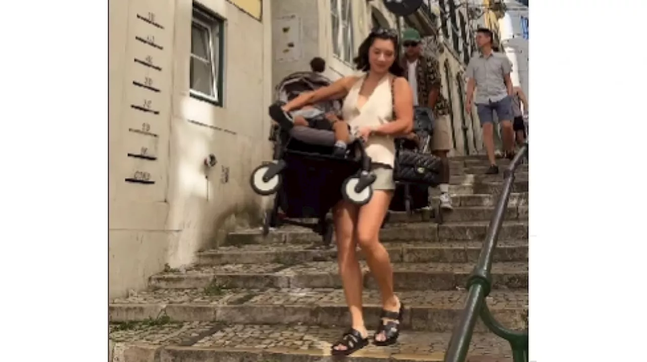 Jennifer Bachdim Santai Angkat dan Dorong Stroller Anak di Portugal, Tetap Stylish Meski sedang Ribet