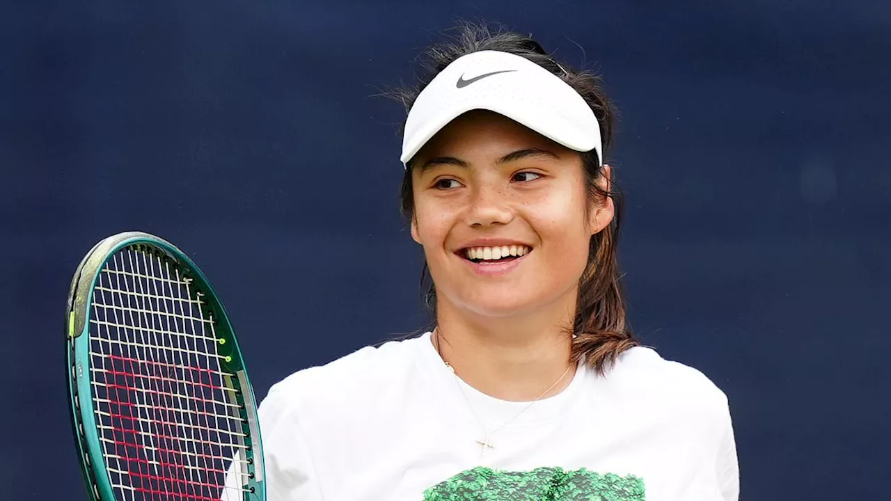 Emma Raducanu is all smiles as she takes to the court at the Rothesay Open