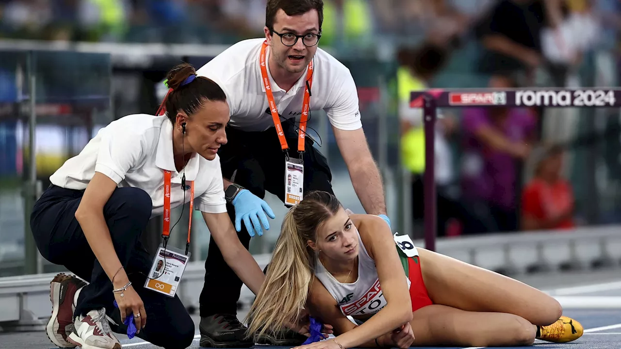 Horror moment athlete faceplants on track after crashing through two hurdles at European Championships...