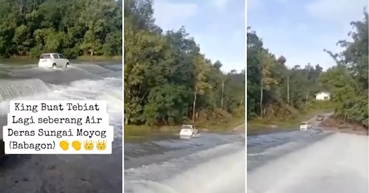  Myvi Spotted Casually Driving Across a River With Strong Current in Sabah