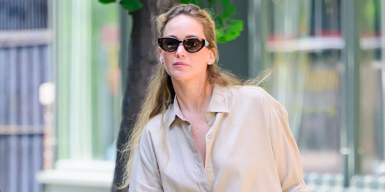 Jennifer Lawrence Accessorizes Her Beige Lounge Set With a Cherry-Red Handbag