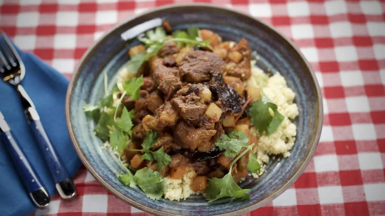 Tagine of lamb with prunes and couscous