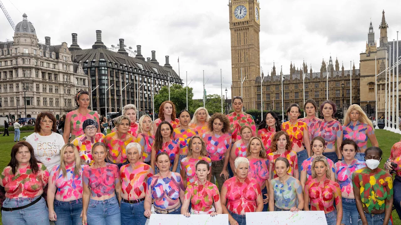 Loose Women star Nadia Sawalha goes topless outside Parliament to call for ‘game-changing’ cancer drug on N...