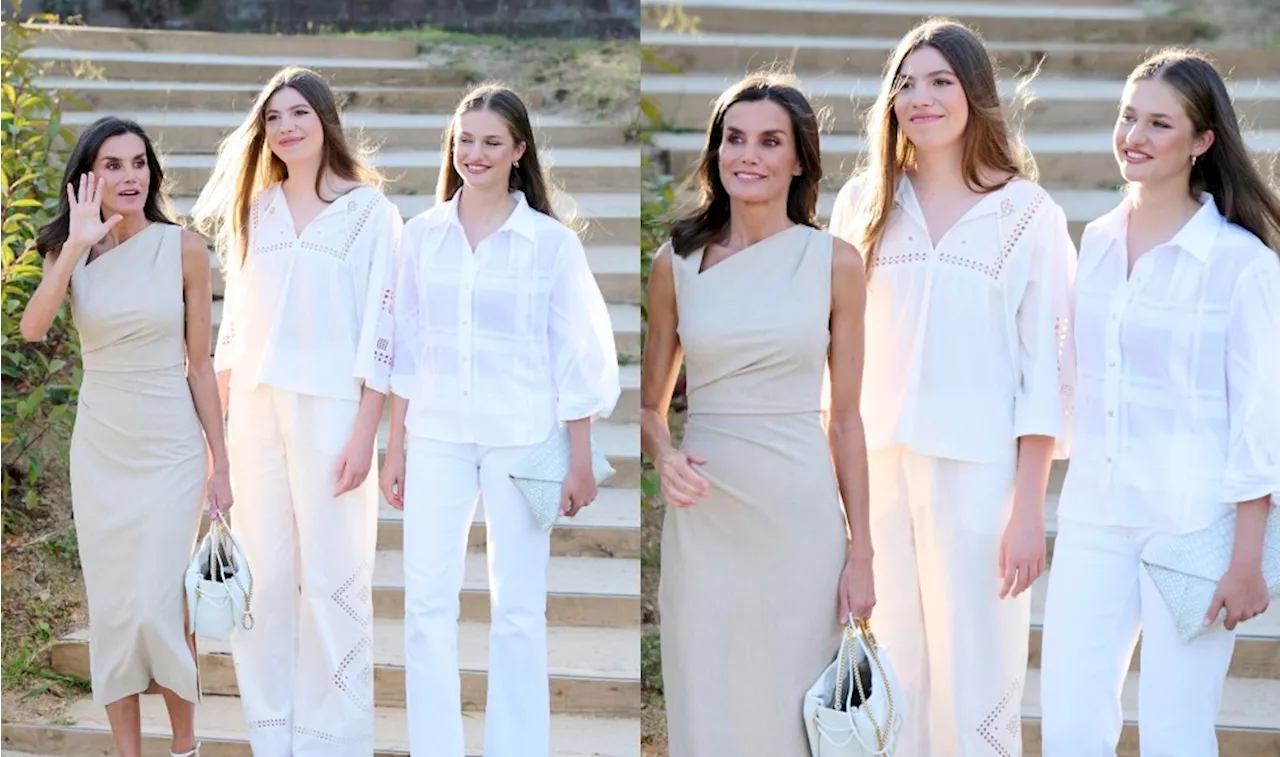 Queen Letizia of Spain Coordinates in Mango Dress With Daughters Princess Leonor and Princess Sofía for Girona Awards in Barcelona