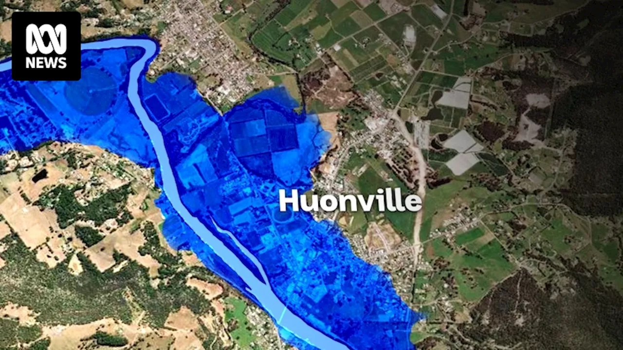 Flood mapping for Huonville shows river rising at least nine metres within a day if upstream dams, built on active fault line, fail