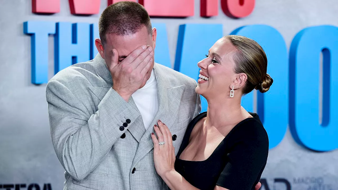 Scarlett Johansson causes Fly Me To the Moon costar Channing Tatum to crack up with laughter as she...