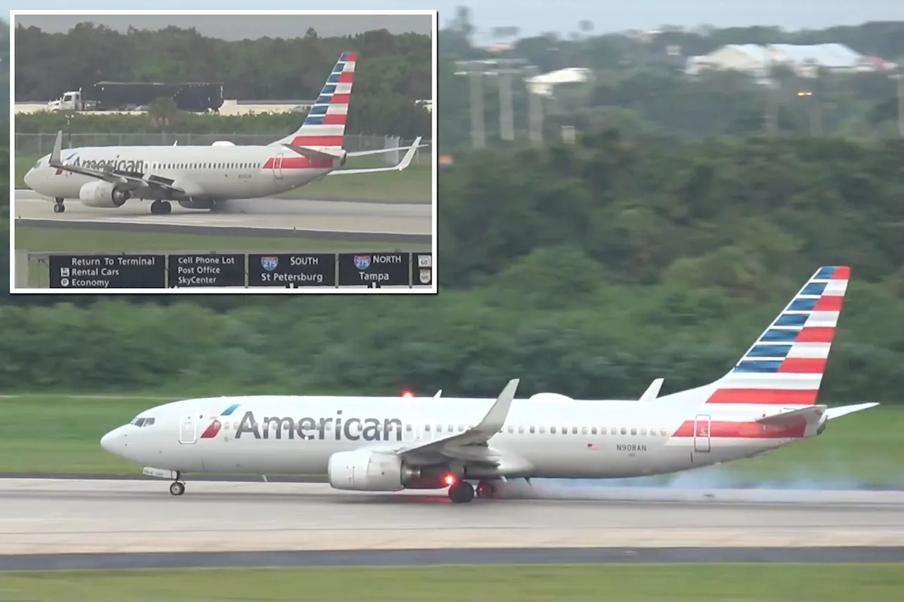 Wheel on American Airlines Boeing plane bursts into flames just ahead of takeoff