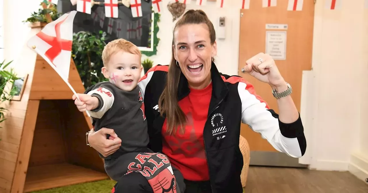 Jill Scott delights children at Salford nursery ahead of Euros final