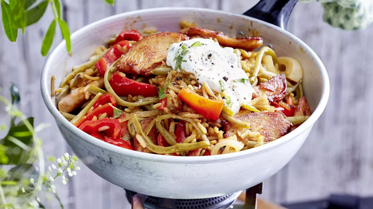 Essen auf Reisen: Gyros-Reis-One-Pot mit Paprika und Bohnen