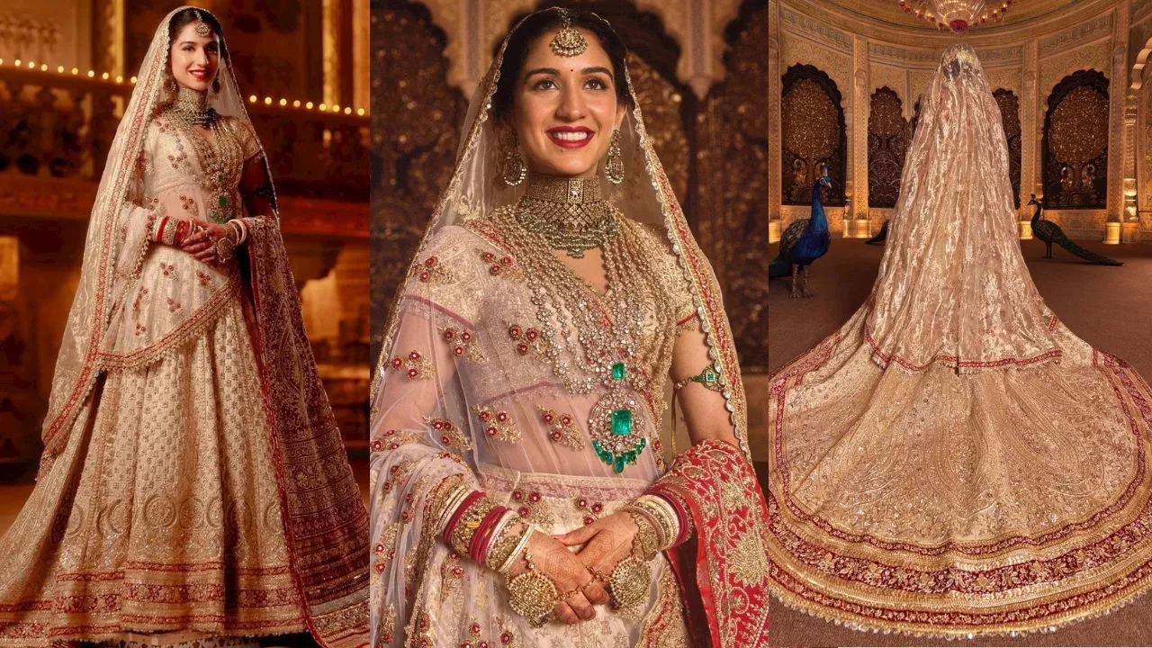 Radhika Merchant Bridal Look: व्हाइट-रेड लहंगे में गुजराती दुल्हन बनीं राधिका, पहना हीरों का हार