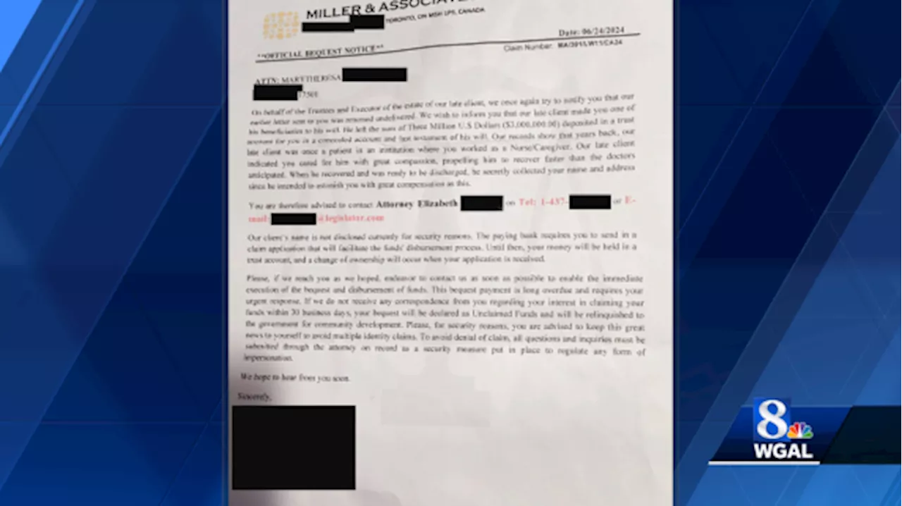 Scam letter claims you're the beneficiary in a stranger's will