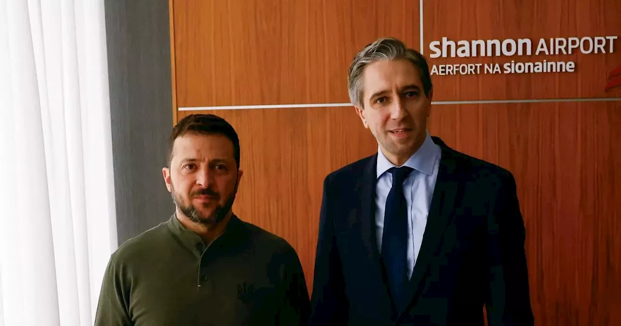 Simon Harris hugs Volodymyr Zelensky as Ukraine President lands in Shannon