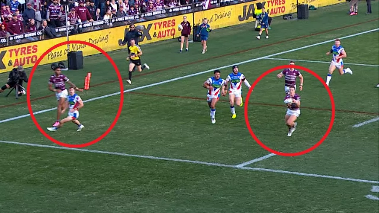 ‘That’s a howler’: Commentators stunned after blatant ‘forward’ pass for Manly rookie’s try