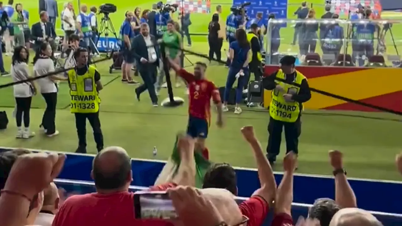 La locura de Dani Carvajal con los aficionados españoles: zarandea un poste de seguridad totalmente desatado, se besa el escudo...