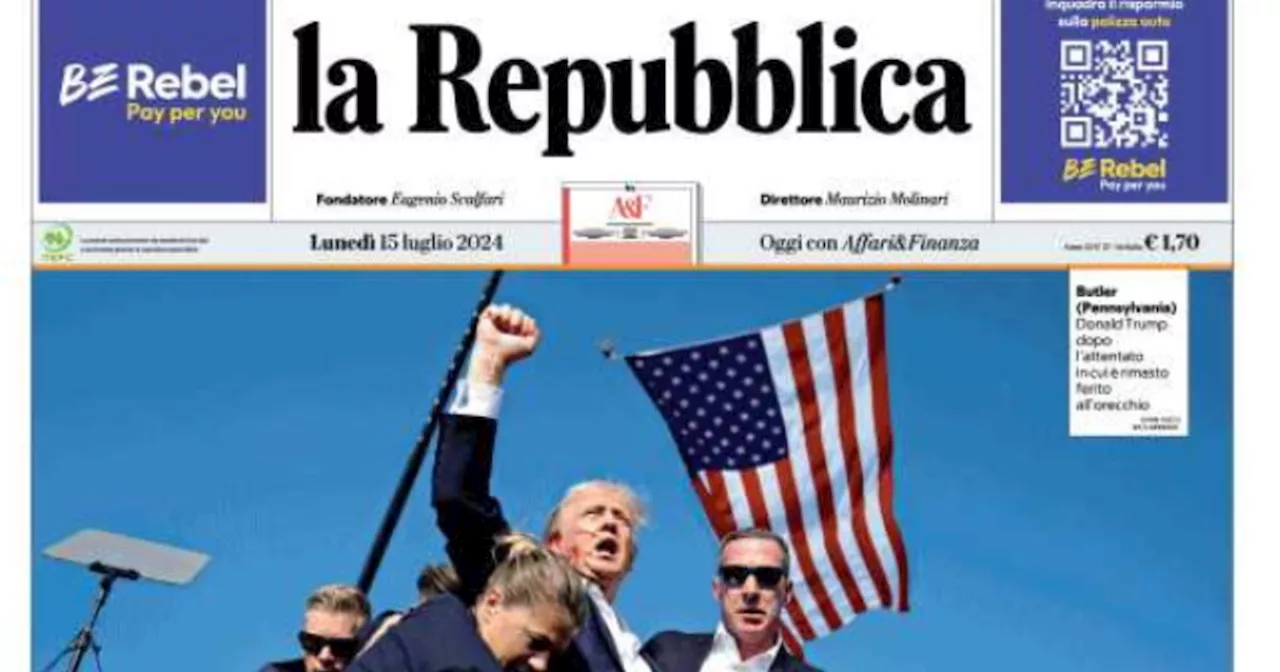 Trump, pagina 9 di Repubblica: &#034;Colpito dal fucile simbolo dei conservatori&#034;