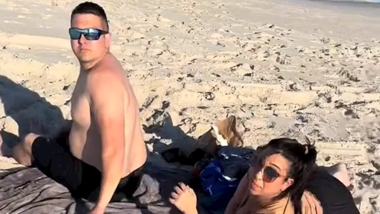 Furious moment nine-months pregnant woman catches husband with mistress on beach