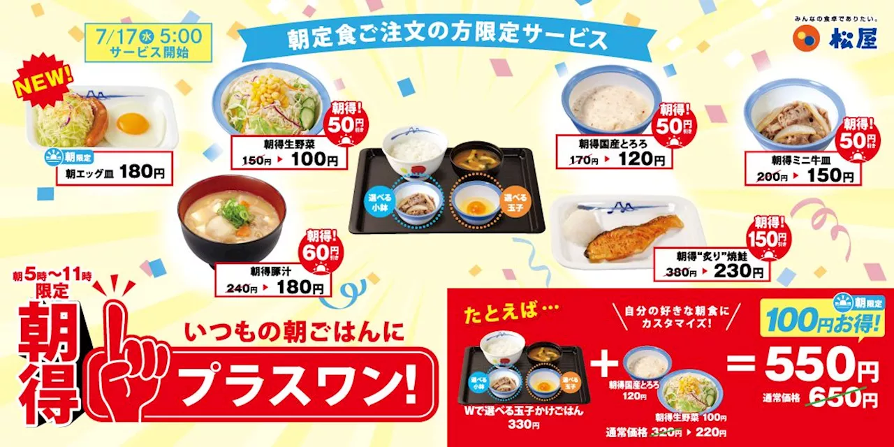 松屋「朝得プラスワン」スタート、朝定食注文でサイドメニューが値引き、ミニ牛皿･炙り焼鮭、新登場の“朝エッグ皿”など対象に (2024年7月16日)