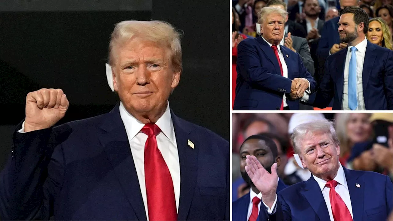 Donald Trump greeted by cheering fans as he returns to political stage with huge bandage after...