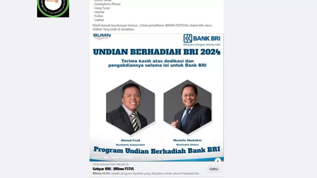 Cek Fakta: Tidak Benar Program Undian Berhadiah BRImo FSTVL dari BRI