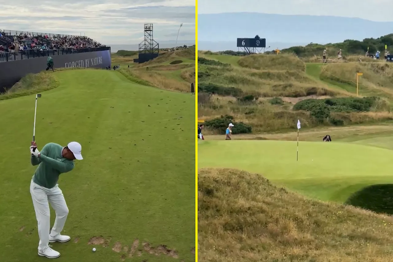 Watch as ‘limping’ Tiger Woods nearly makes hole-in-one on Postage Stamp at Royal Troon in impressive prep...