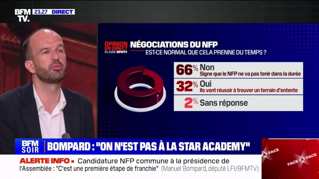 Tractations du Nouveau Front populaire: 'C'est normal de prendre du temps pour travailler sur un dispositif sérieux', assure Manuel Bompard (LFI)