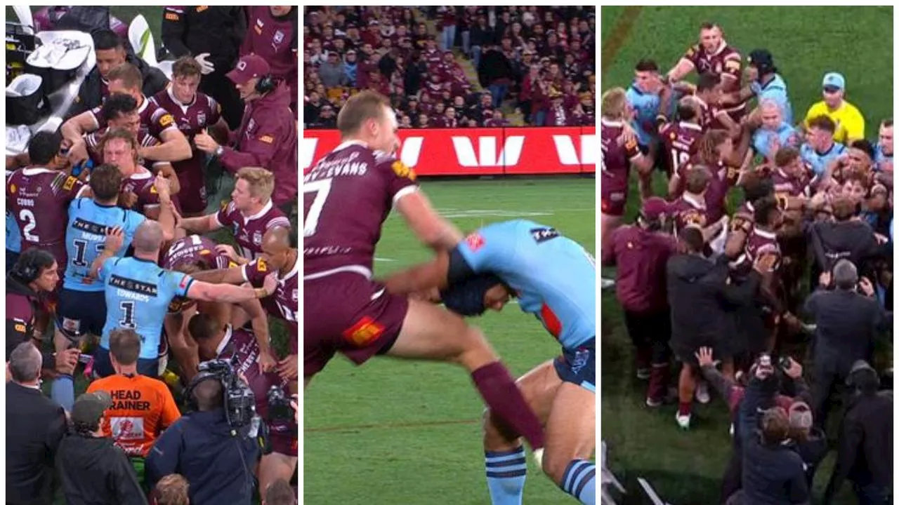 ‘Never seen that before’: Bizarre rule enacted as two sent to the bin after wild all-in Origin brawl