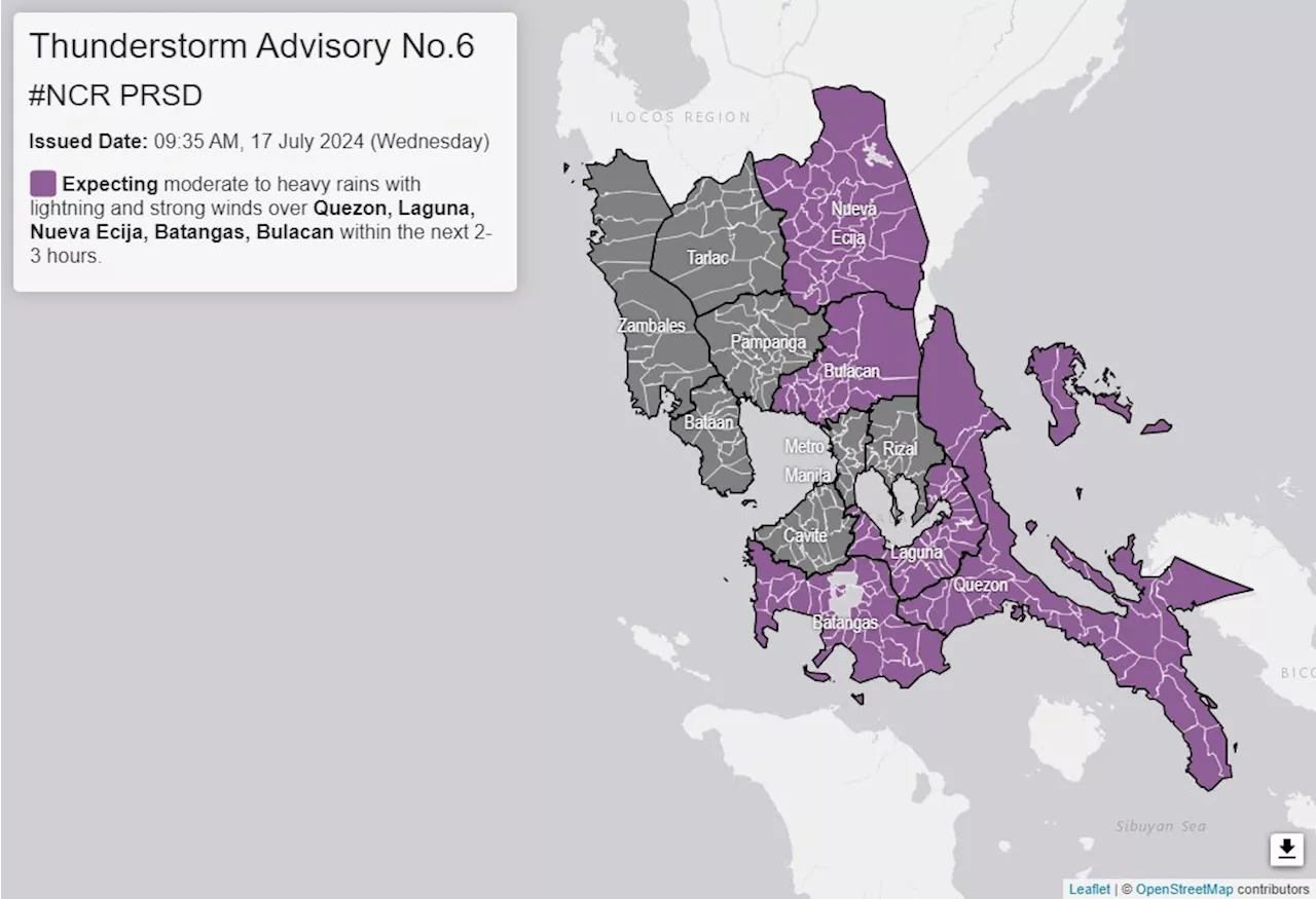 Thunderstorm advisory up over 5 Luzon provinces