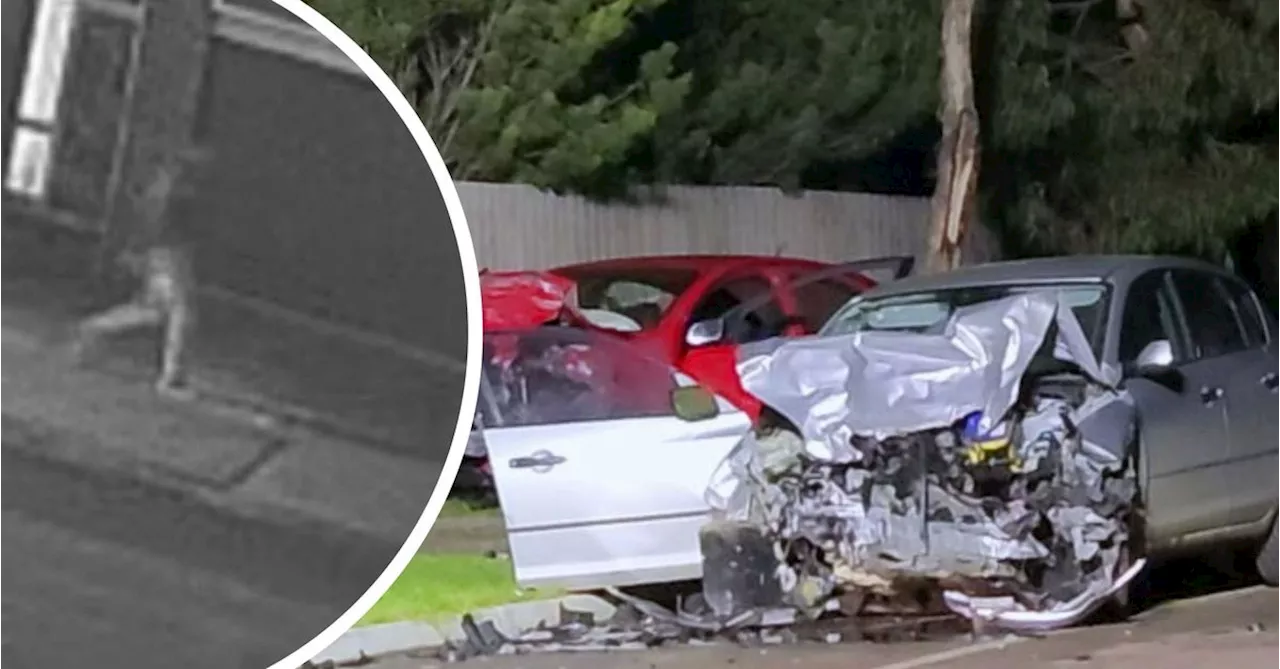 CCTV shows driver of hit-run crash calmly walking away from wreckage in Geelong