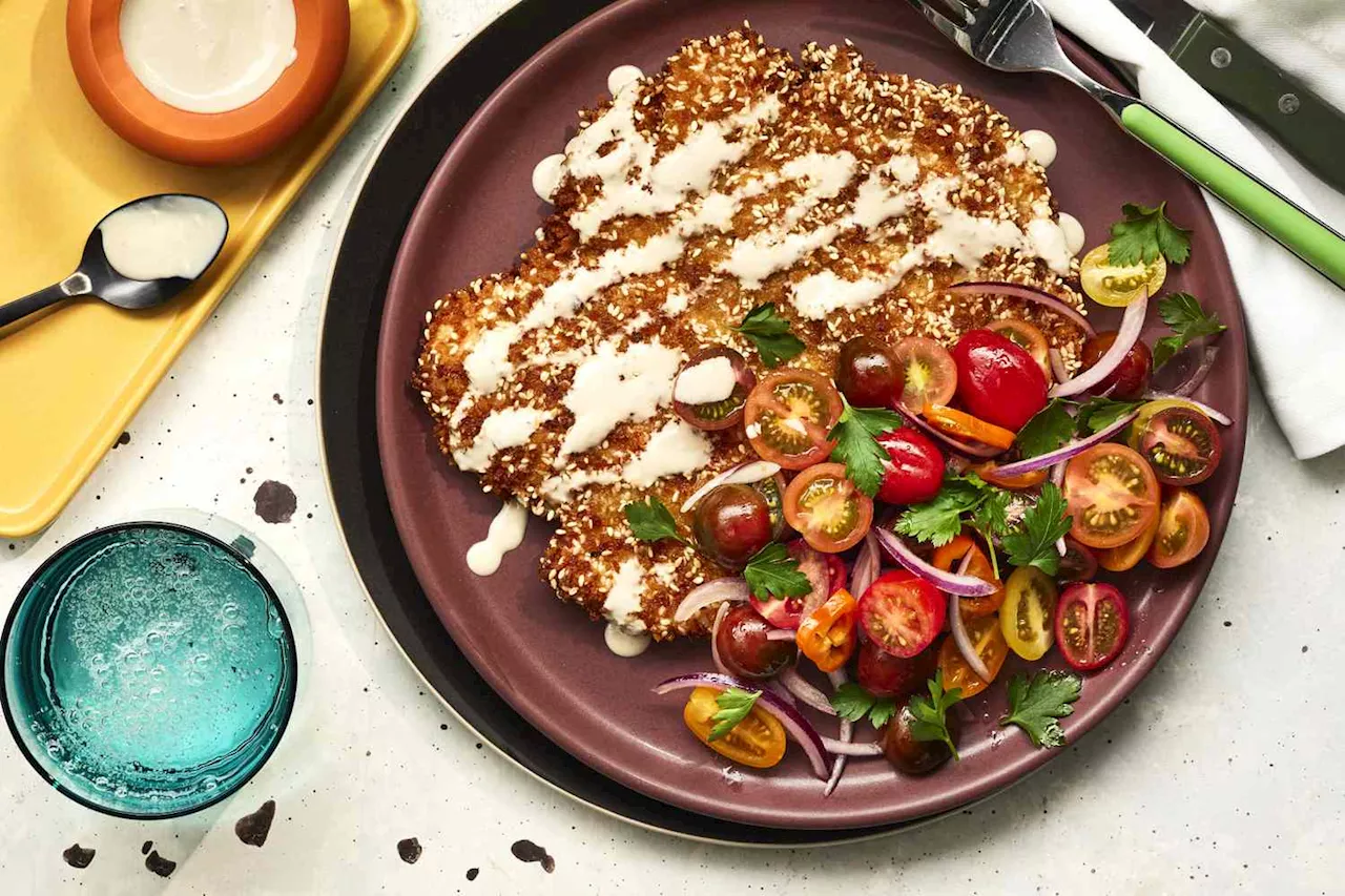 Crispy Sesame Chicken Cutlets with Tomato Salad and Tahini