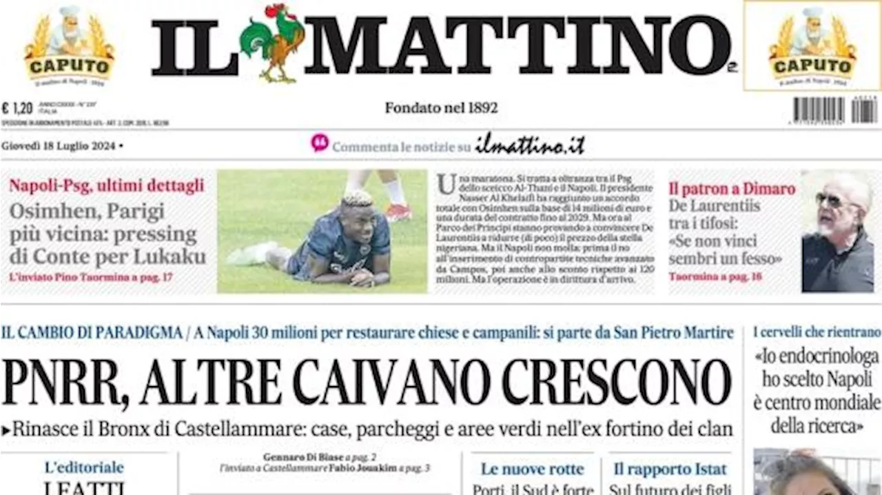 Il Mattino in apertura: 'Osimhen-PSG più vicini, pressing di Conte per Lukaku'