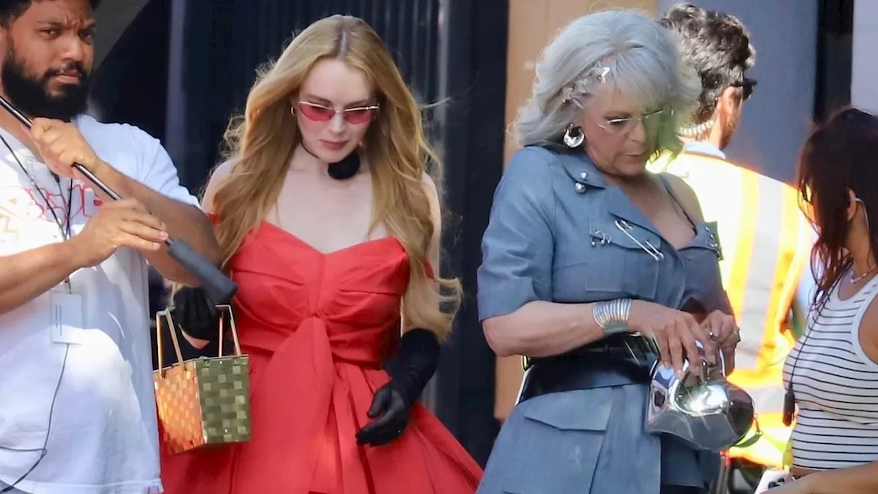 Lindsay Lohan and Jamie Lee Curtis look outrageous in wild outfits as they film highly-anticipated...