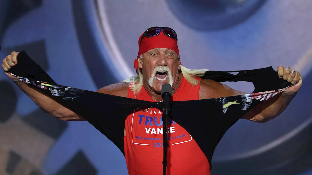 Moment Hulk Hogan brings the house down as he rips off shirt on RNC stage in nod to WrestleMania past &...