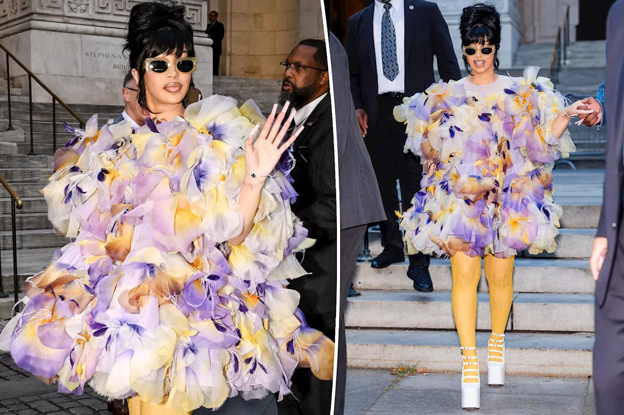 Cardi B is a walking flower in petal-covered pansy dress at Marc Jacobs show