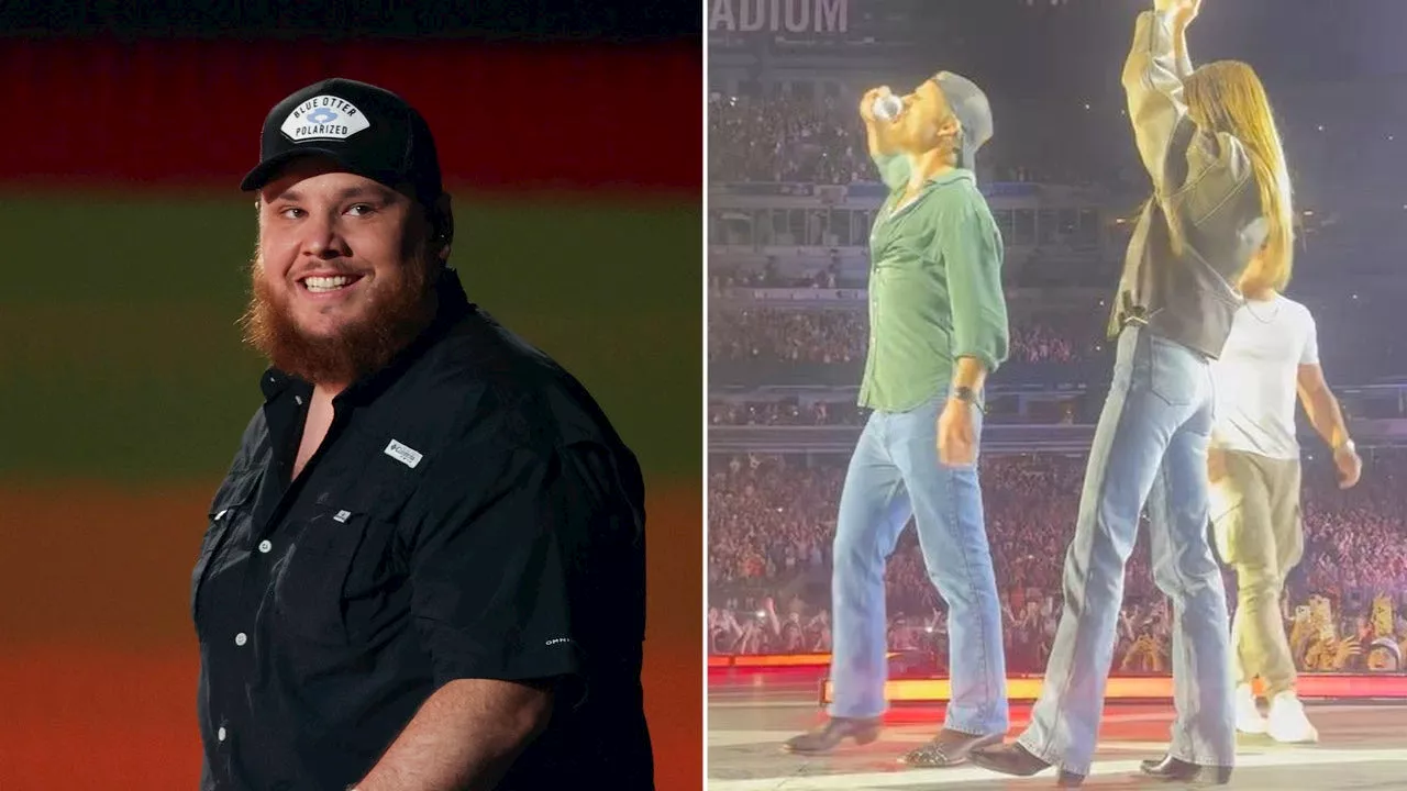 Glen Powell shotguns a beer on stage with country superstar Luke Combs