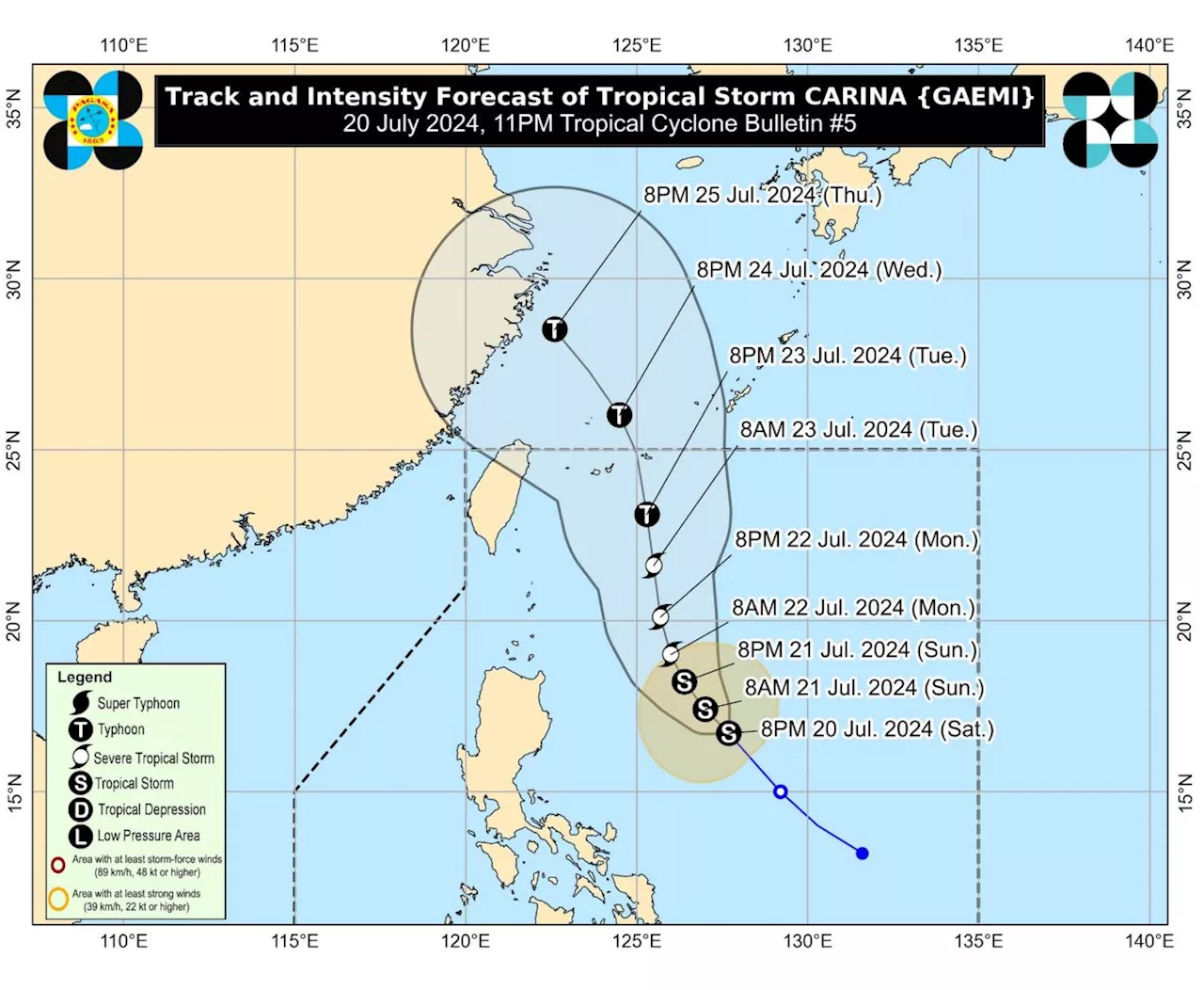 Carina maintains strength as it moves northwest