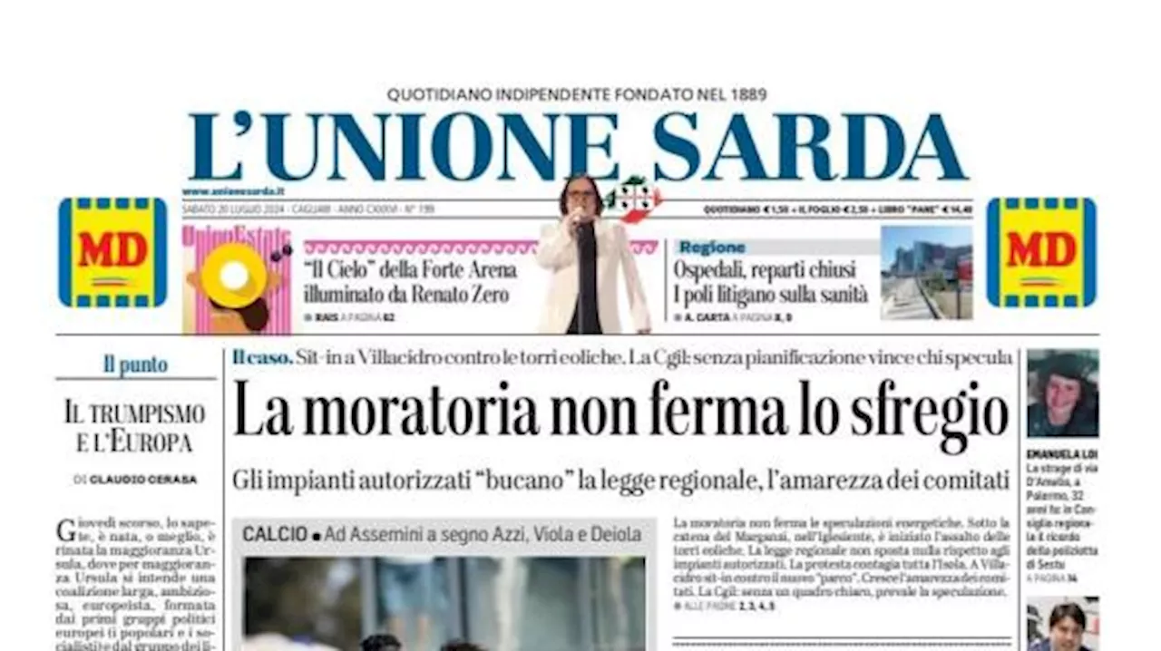 L'Unione Sarda in apertura: 'Cagliari, primo test: tre gol alla Primavera'