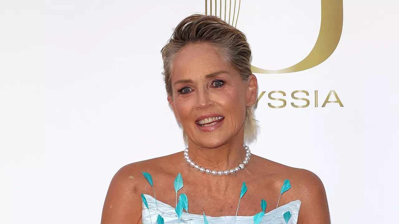 Sharon Stone, 66, looks stunning in an embellished baby blue gown as she makes a red carpet...